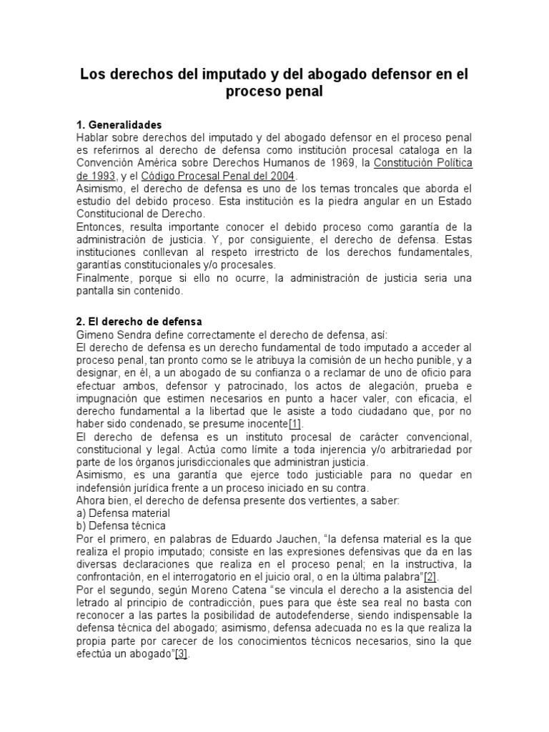 Los Derechos Del Imputado y Del Abogado Defensor en El Proceso Penal | PDF