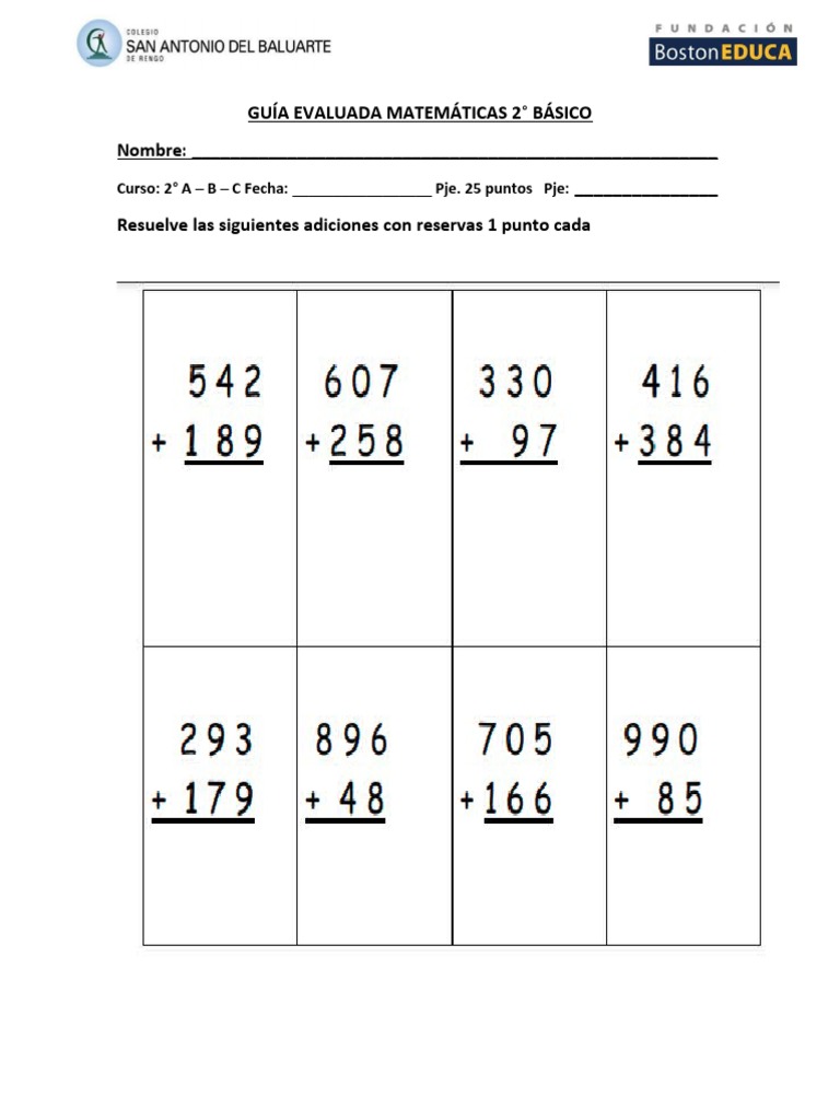 GUÍA EVALUADA MATEMÁTICAS 2 Basico Sumas y Restas Con Reservas | PDF