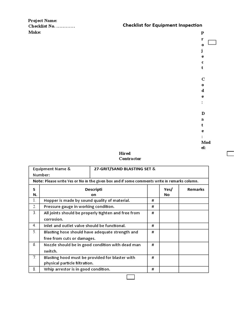 Checklist For Equipment Inspection Grit Sand Blasting Set PDF