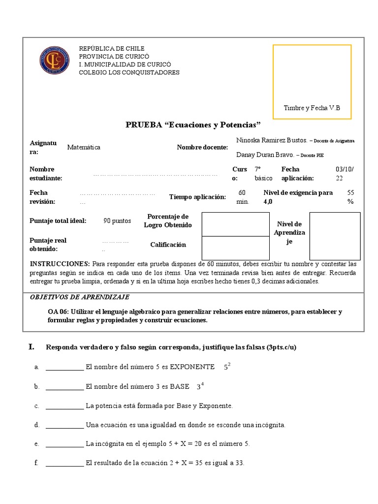 Prueba Potencias 7 Básico Pdf Exponenciación Sustracción
