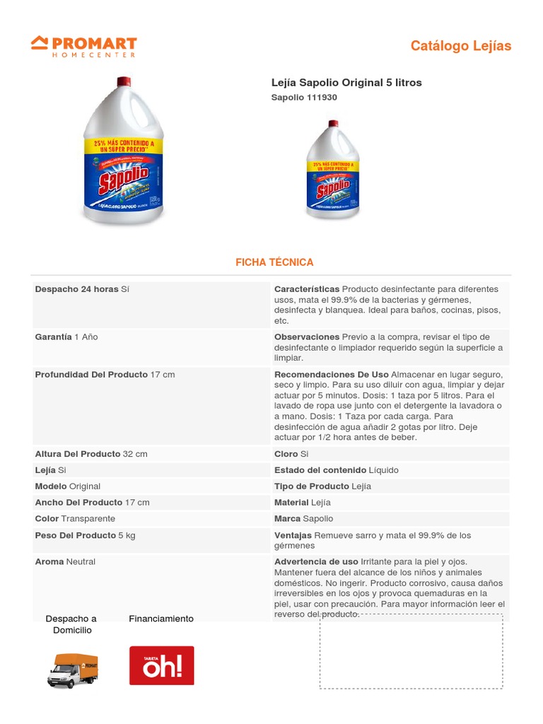 Ficha Tecnica Lejia Sapolio Promart | PDF