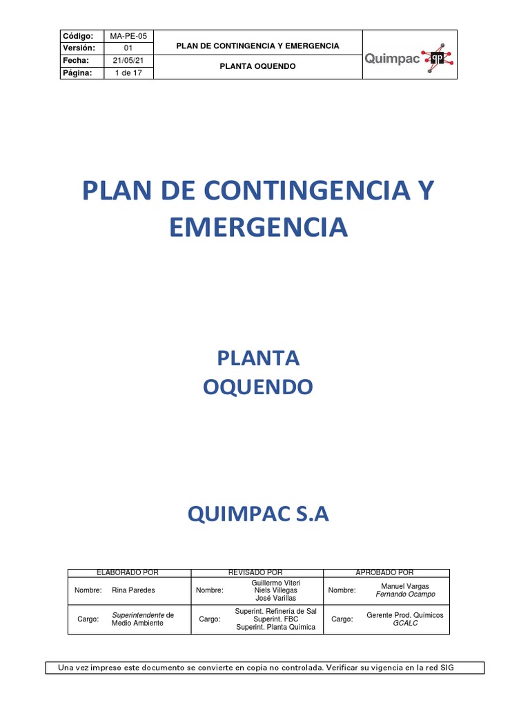 MA-PE-05 Plan de Contingencia y Emergencia Planta Oquendo | PDF ...