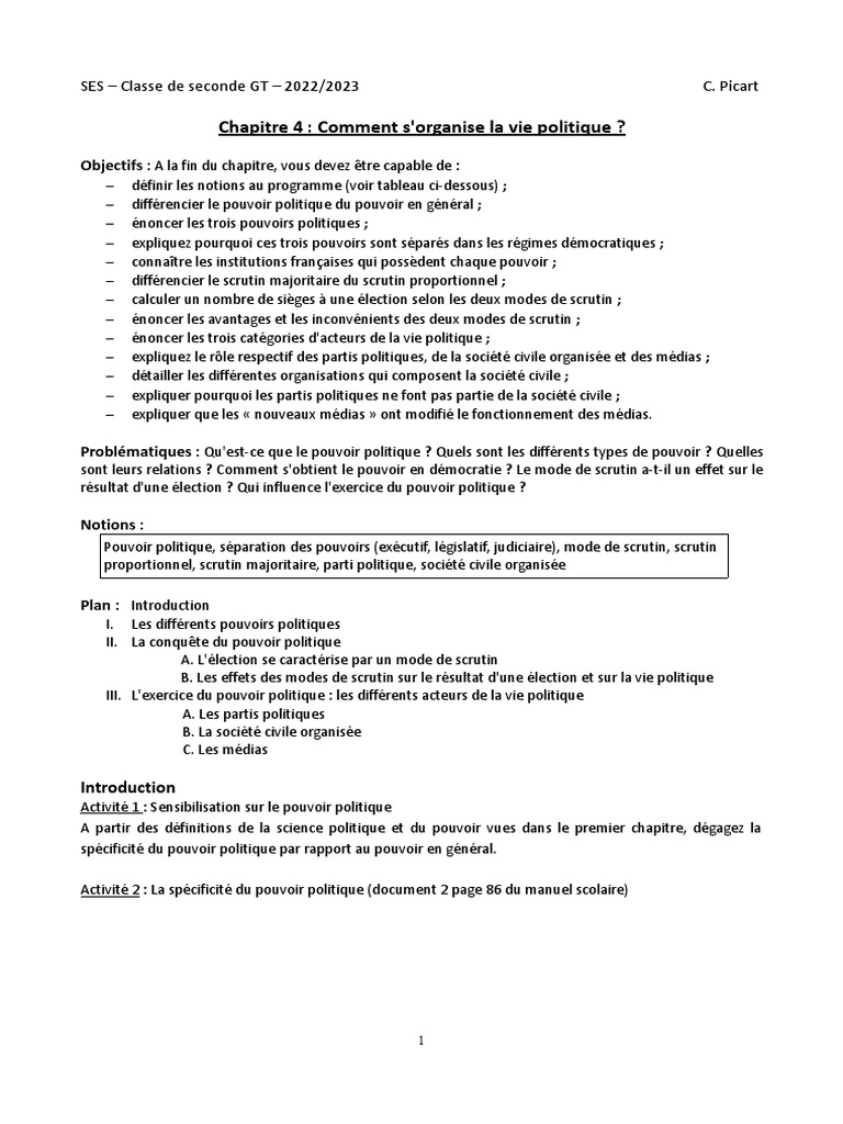 2 Comment s' Organise La Vie PolitiqueVersion Eleve PDF État Montesquieu