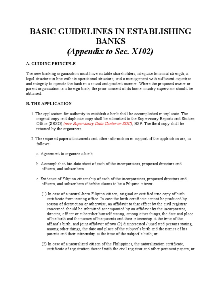 Guidelines for Establishing a Bank | PDF | Board Of Directors | Banks