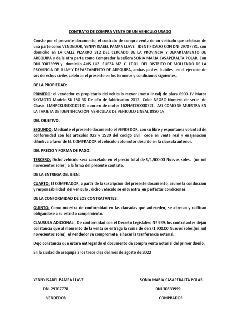 Contrato de Compra Venta de Un Vehiculo Usado | PDF