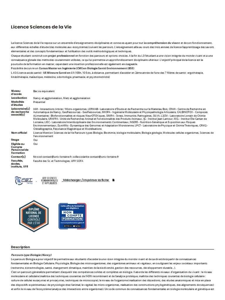 Licence Sciences de la Vie : Biologie et Débouchés | PDF | Biologie ...