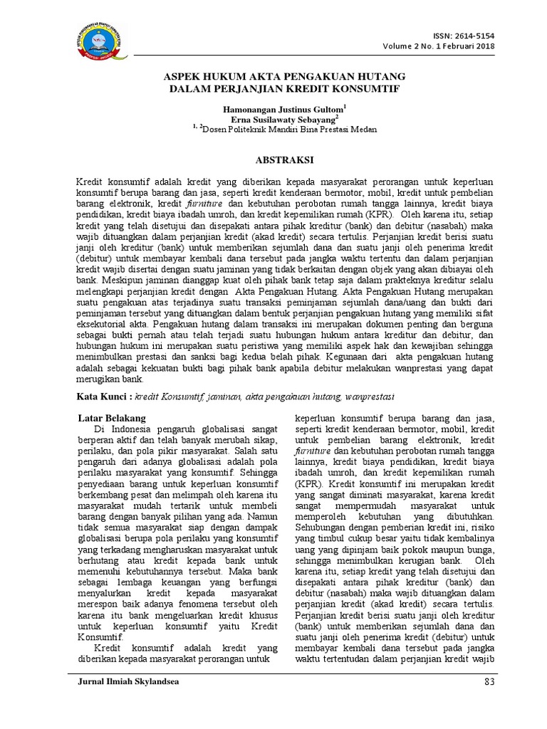 Aspek Hukum Akta Pengakuan Hutang Dalam Perjanjian Kredit Konsumtif Pdf