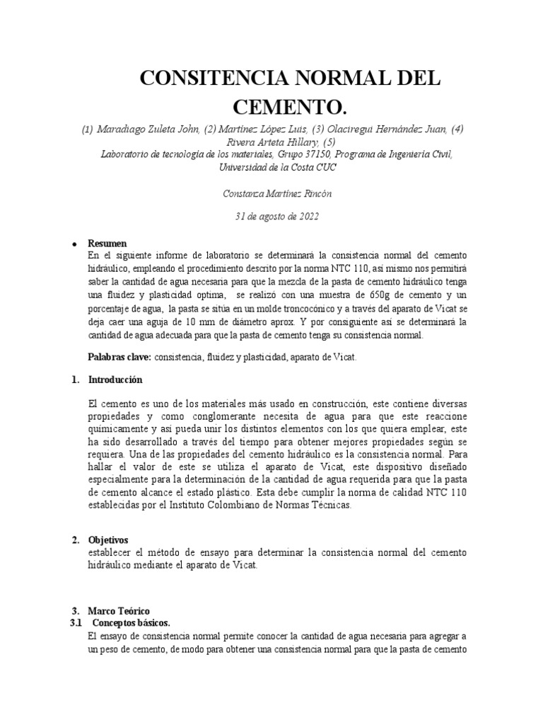Consistencia Normal Del Cemento | PDF