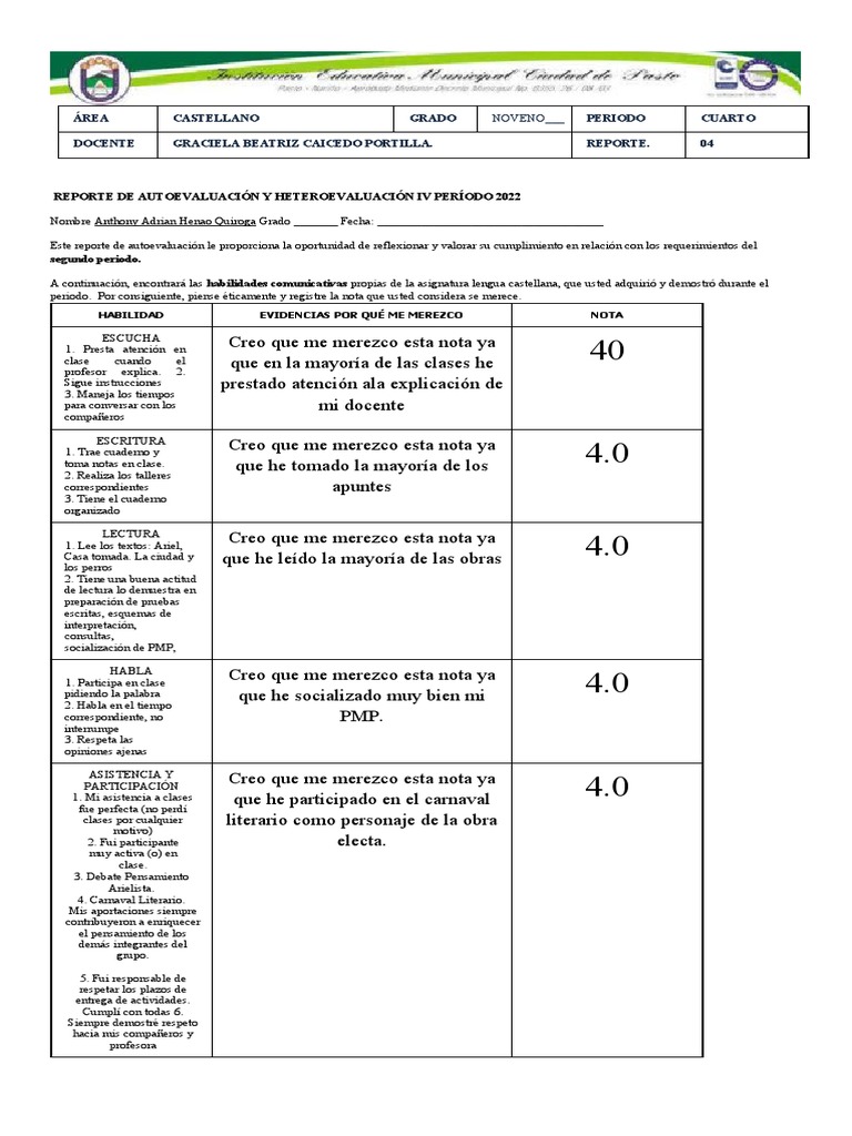 Anthony Adrian Henao Quiroga ÁREA1 REPORTE 04 lENGUAJE Y lITERATURA