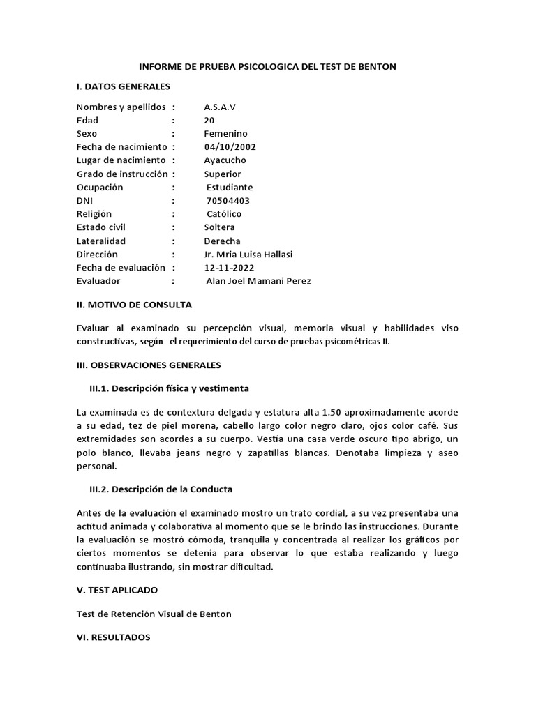 INFORME MODELO TEST DE BENTON Alan | PDF