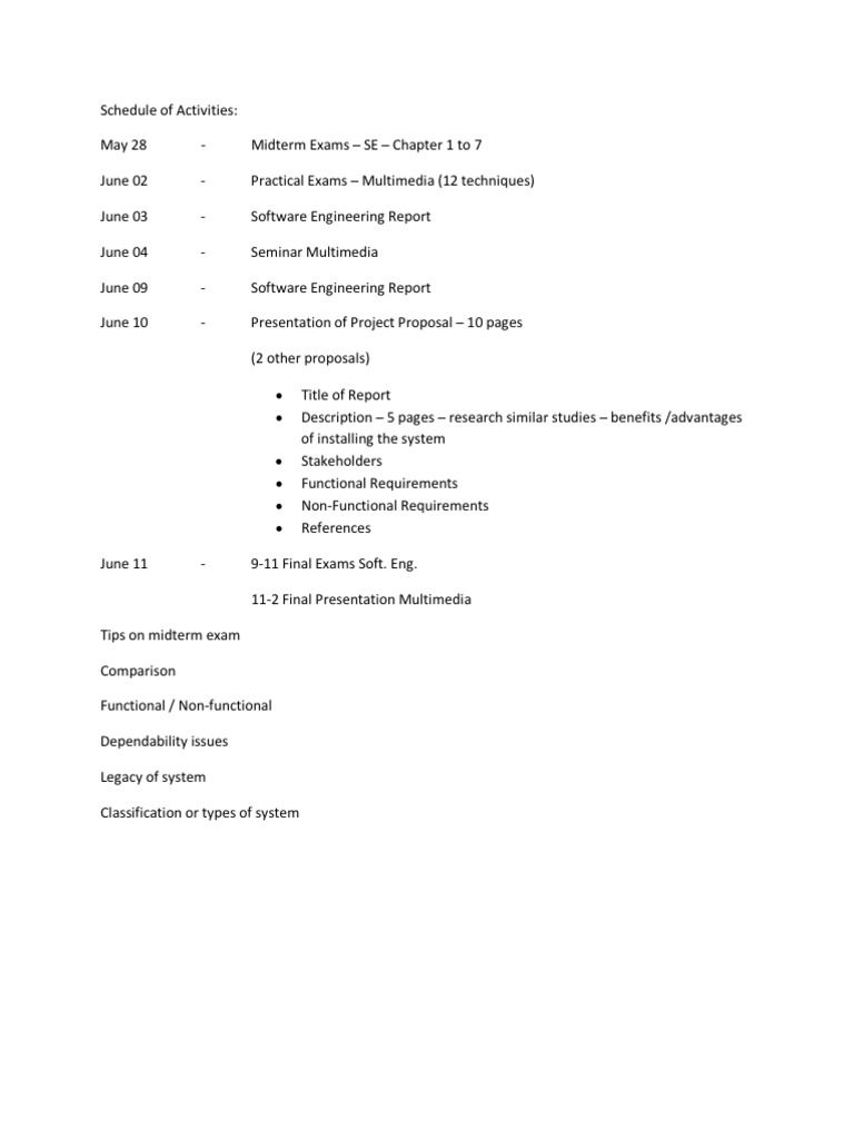 A Week Long Schedule Of Activities For Software Engineering And