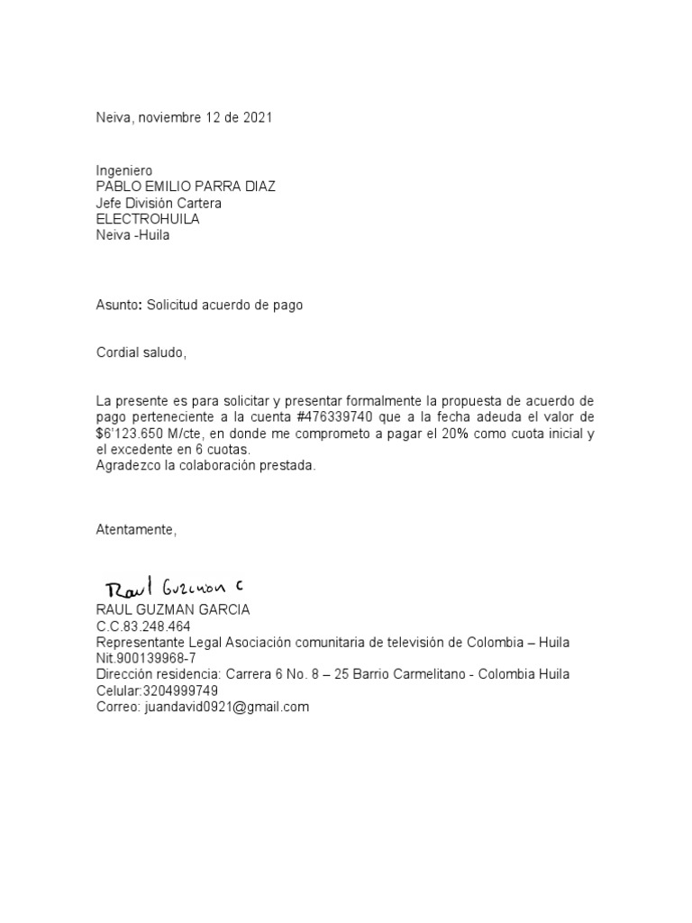 Acuerdo de Pago Electrohuila | PDF