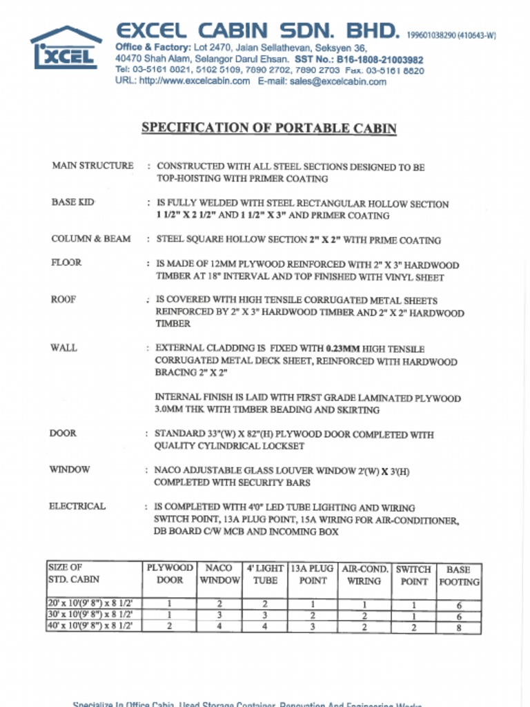 Specification of Portable Cabin & Heavy Duty Cabin | PDF