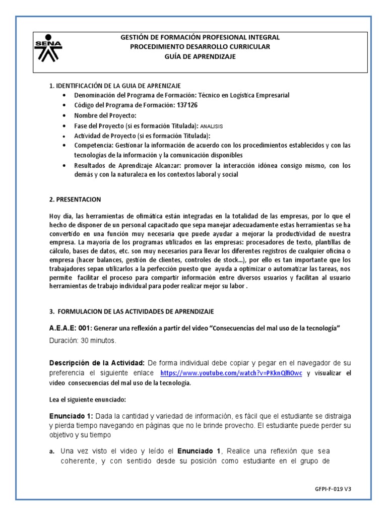 Gfpi-F-019 - TCGL - Guia 1 Word | PDF | Archivo de computadora | Evaluación