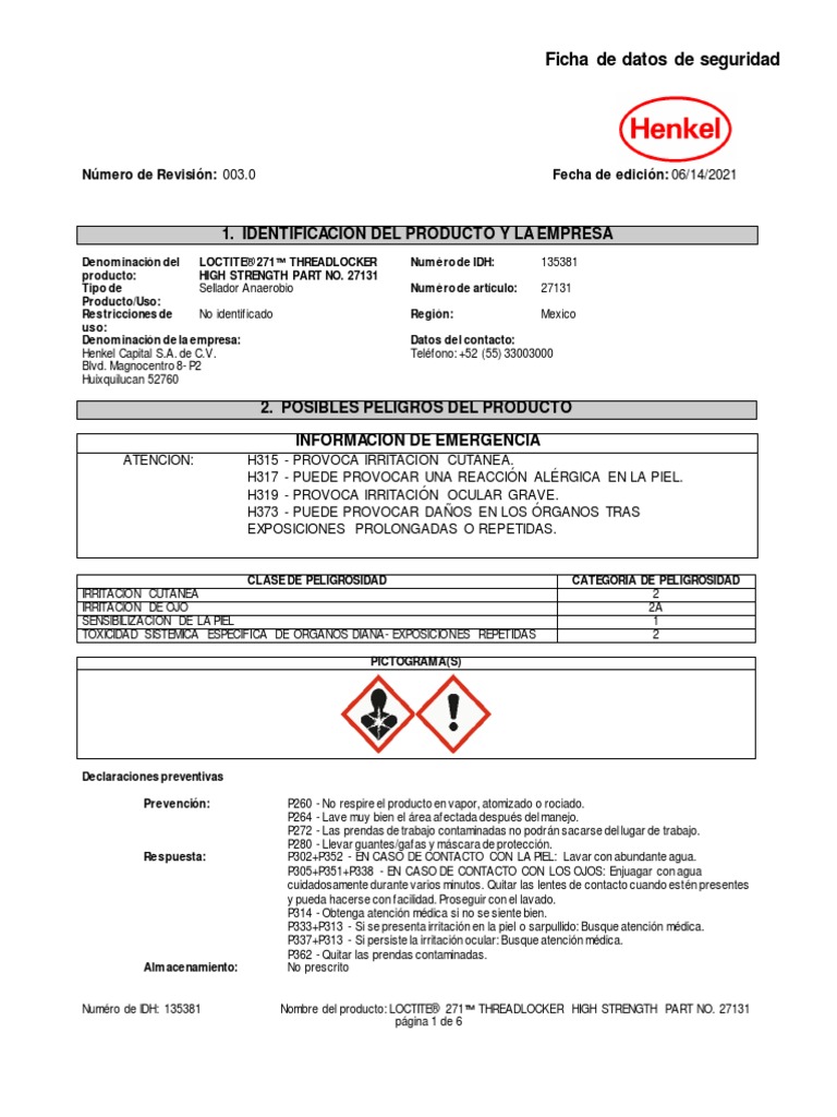 MSDS Loctite 271 PDF