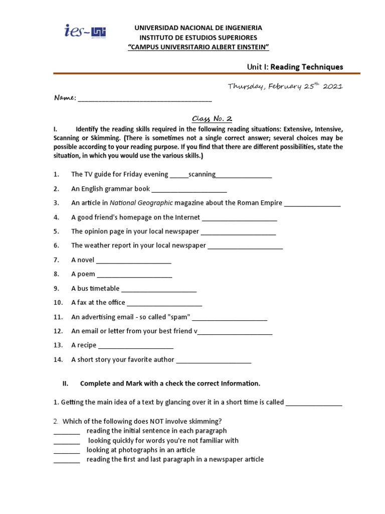 Clase no 2 types of reading exercises pdf language arts