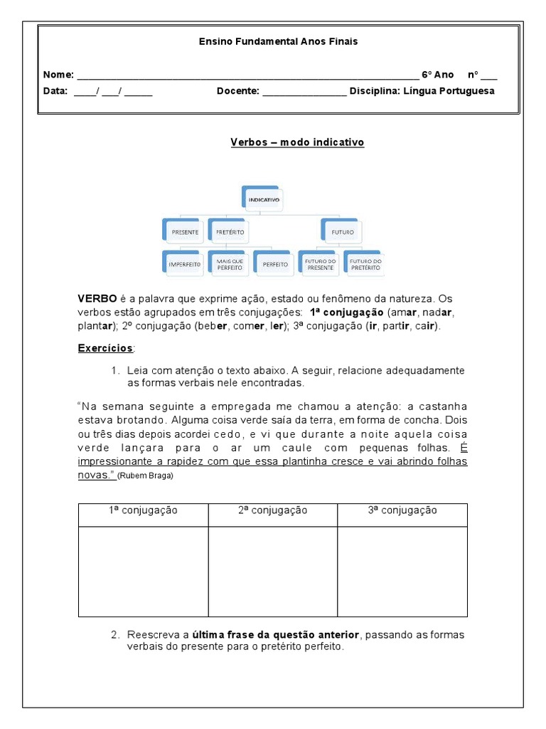 Exercícios de Verbos para 6º Ano | PDF