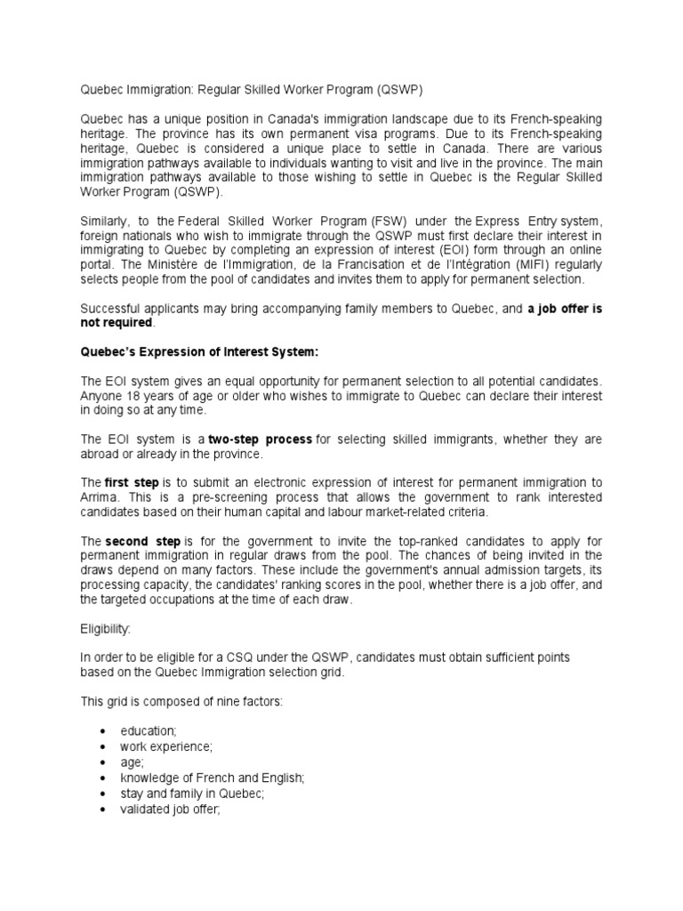 Quebec Skilled Worker Program Overview | PDF | Finance & Money Management