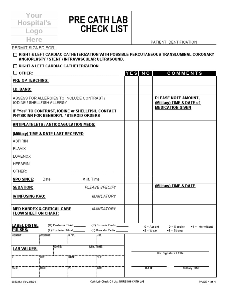 Pre Cath Lab Checklist and Protocols | PDF