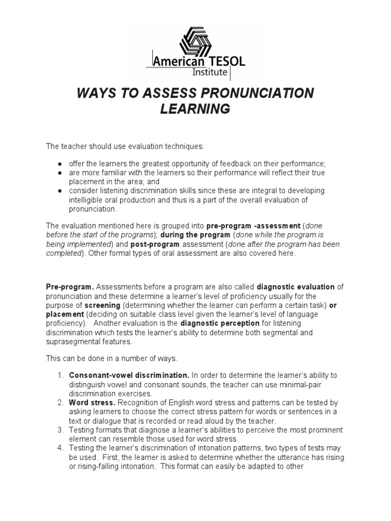 Ways To Assess Pronunciation Learning PDF Learning Educational