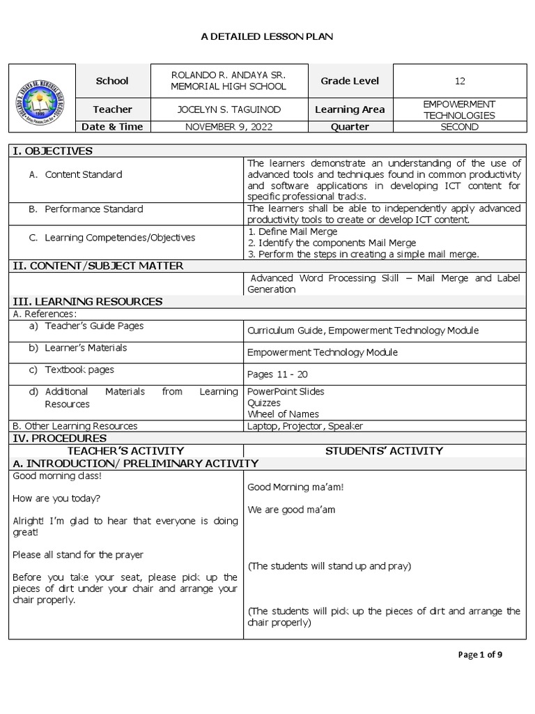 Detailed Lesson Plan - Mail Merge | Download Free PDF | Educational ...
