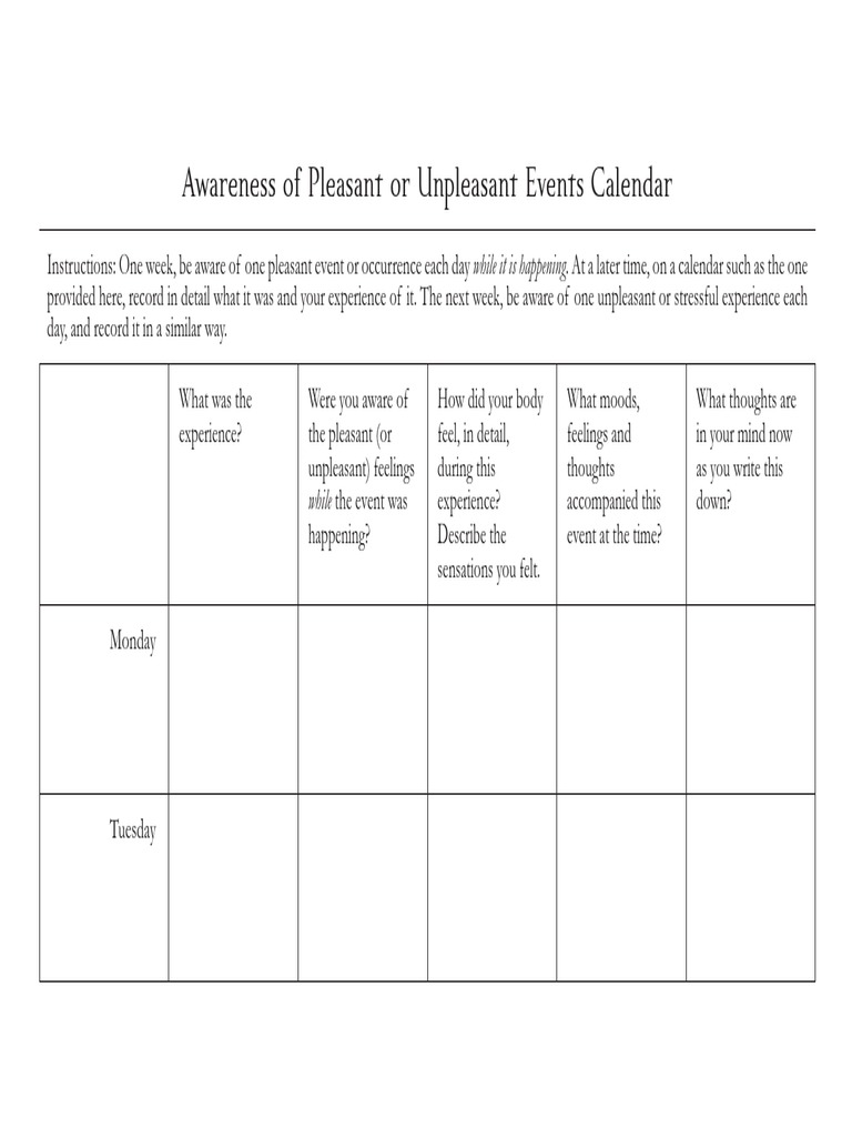 Awareness of Pleasant or Unpleasant Events Calendar PDF