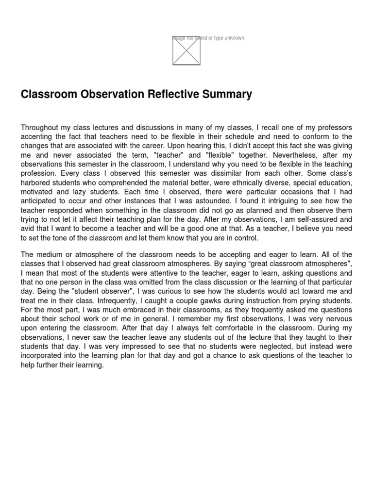 Classroom_Observation_Reflective_Summary PDF Teachers Classroom