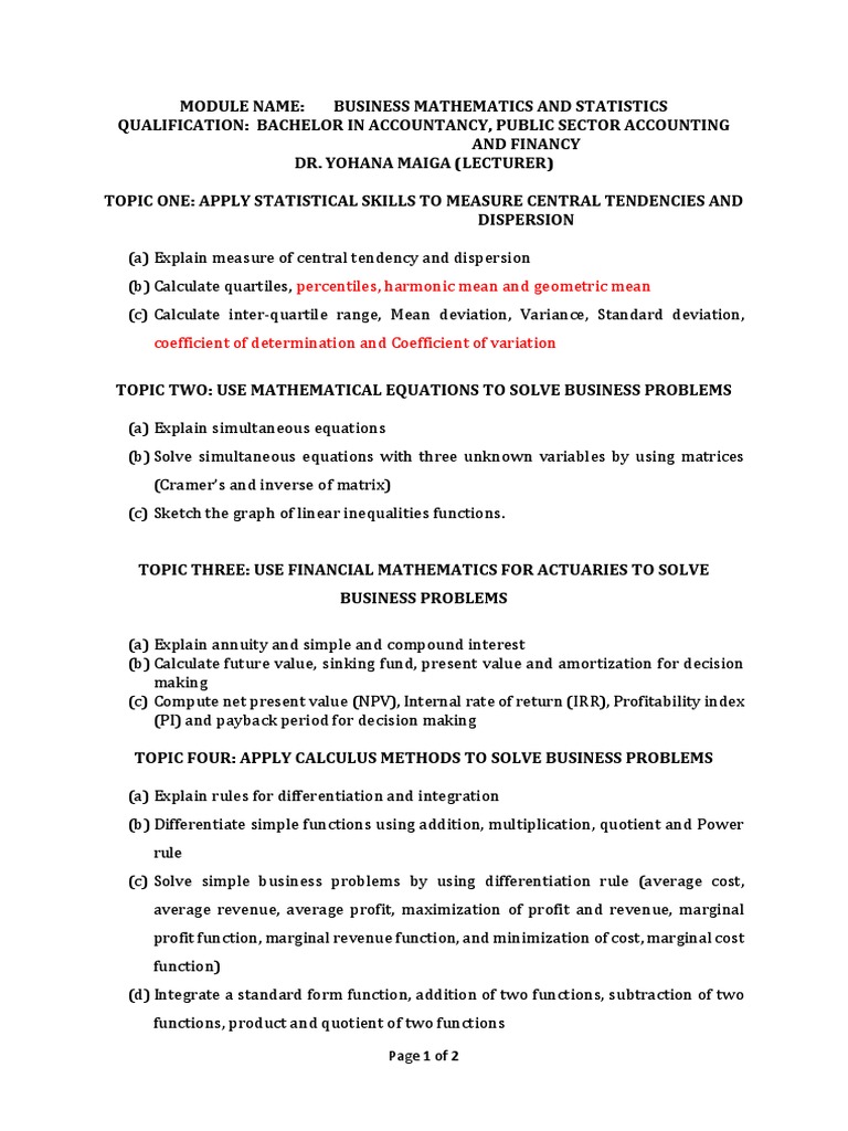 Business Mathematics and Statistics Module | PDF | Teaching Methods ...