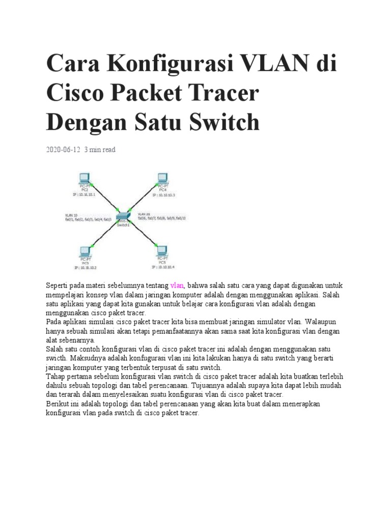 Cara Konfigurasi VLAN Di Cisco Packet Tracer Dengan Satu Switch | PDF