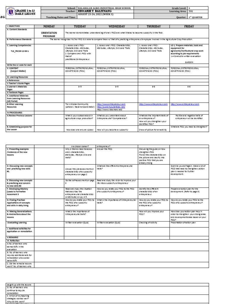 DLL Cookery-9 Q1 Pecs | PDF | Entrepreneurship | Learning
