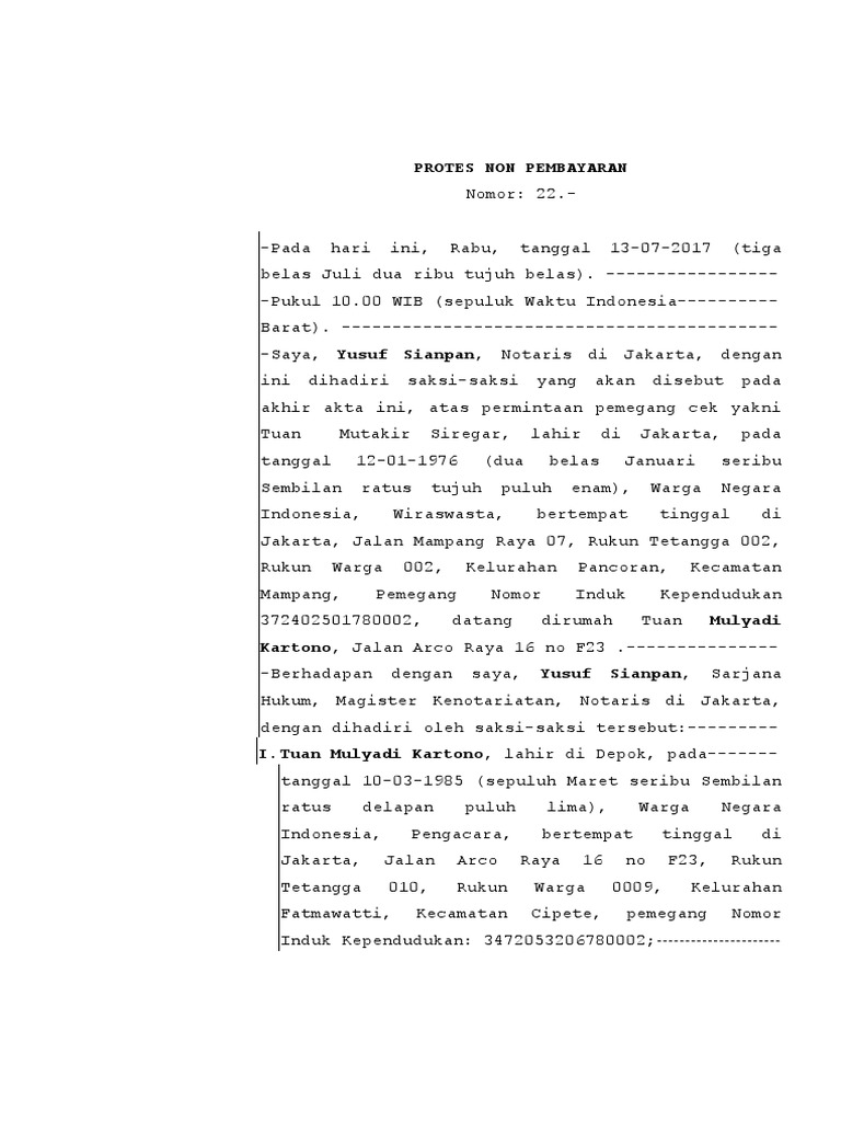 Akta Protes Non Pembayaran Cek | PDF
