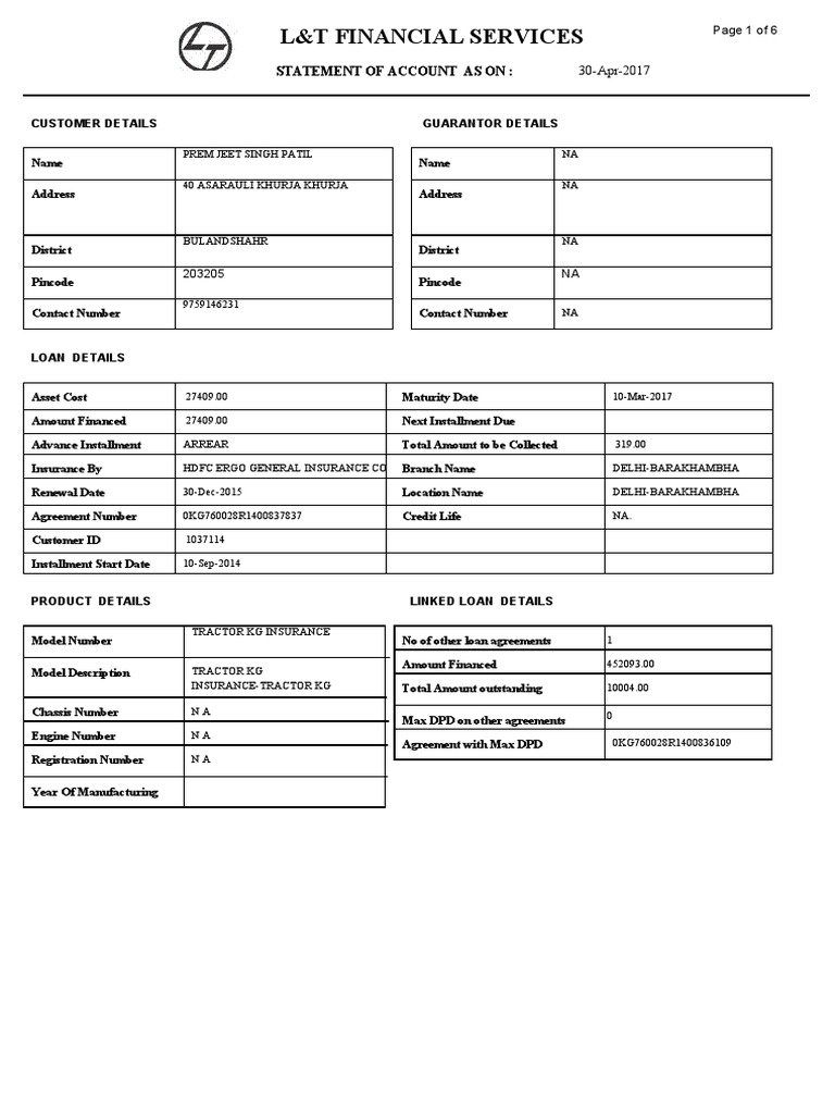 L&T Financial Services: Statement of Account As On | PDF | Cheque | Loans