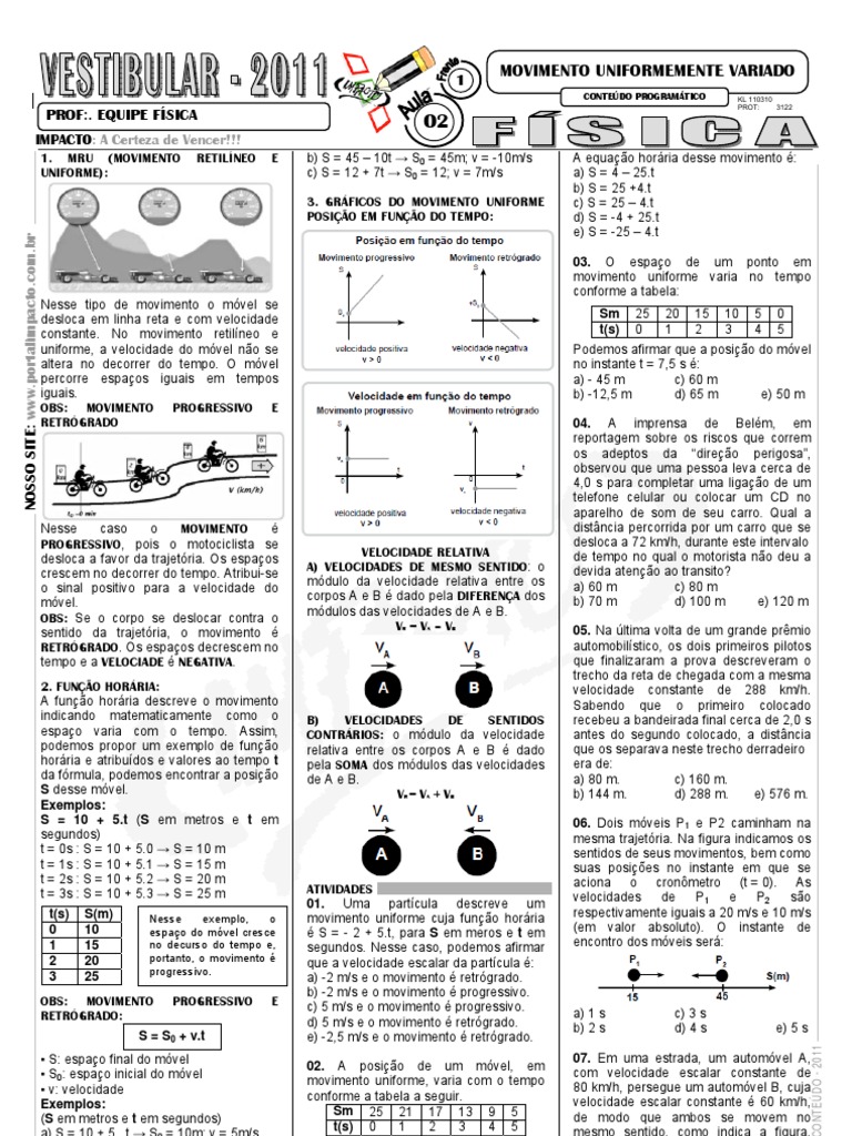 Fisica - 1 Ano Mru e Mruv | PDF | Velocidade | Movimento (Física)