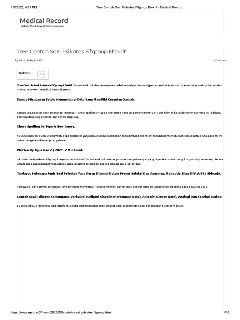 Contoh Soal Psikotes Fifgroup Efektif - Medical Record | PDF