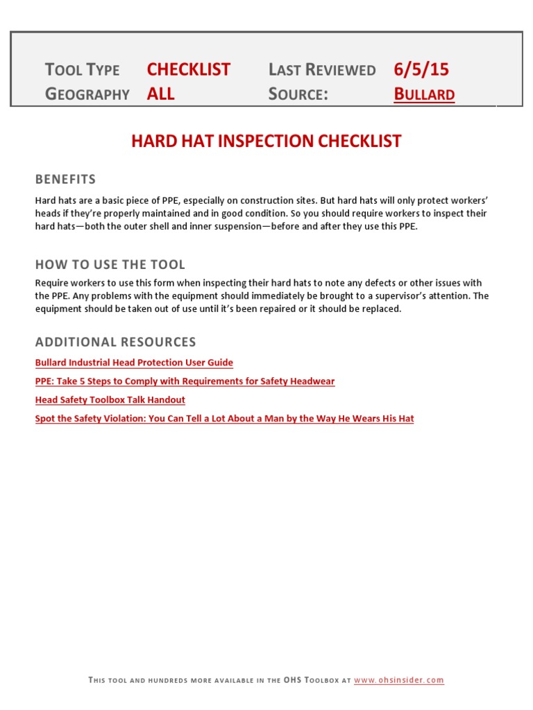Hard Hat Inspection Checklist PDF