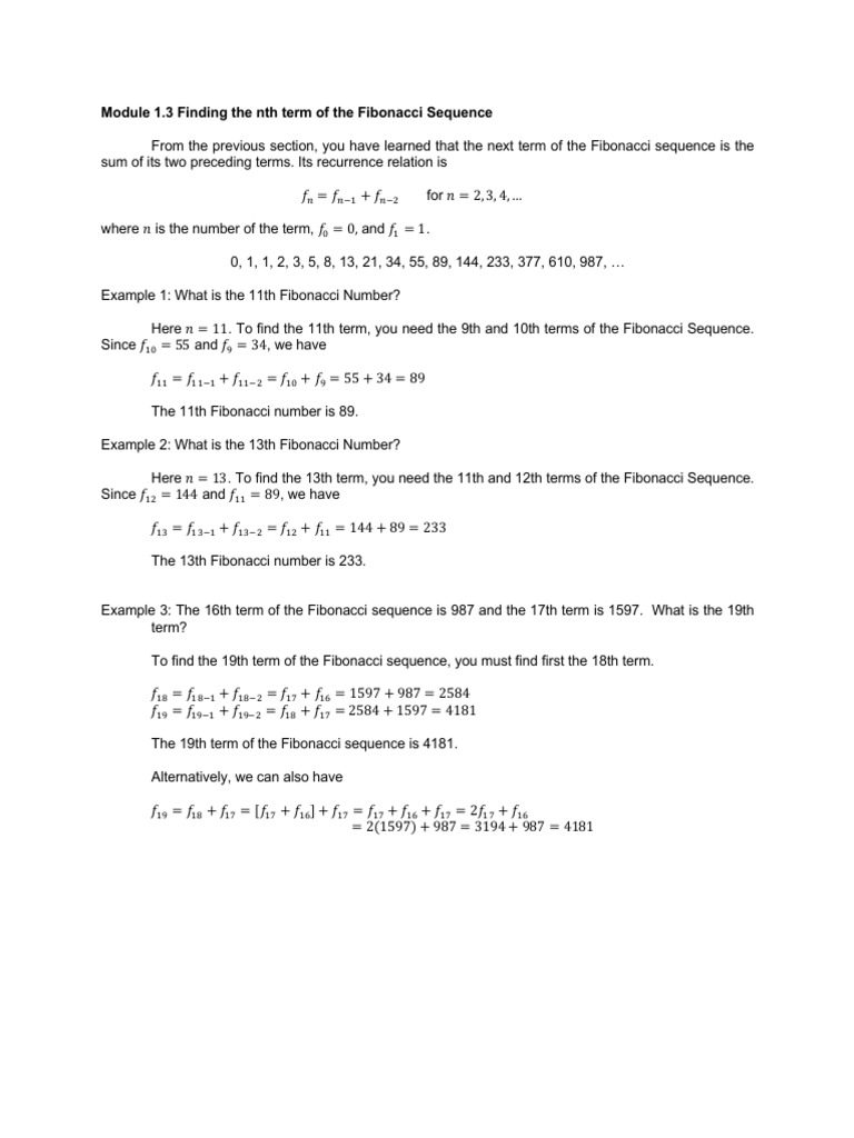 Module 1 3 finding the nth term of the fibonacci sequence pdf
