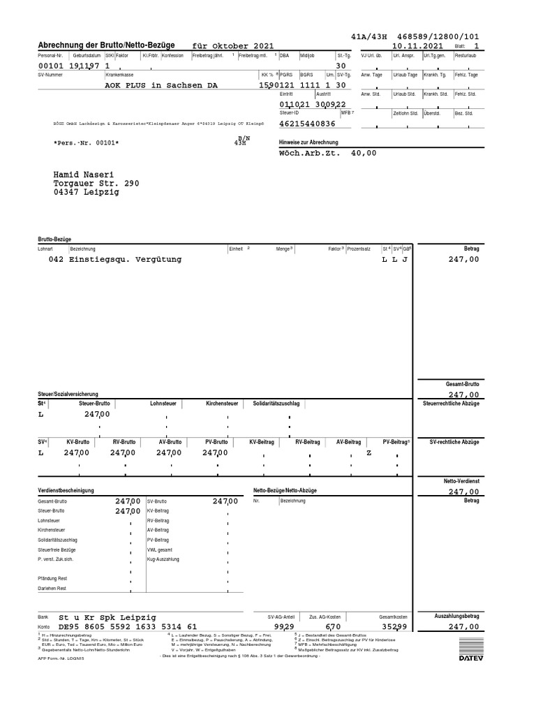 Brutto Netto Abrechnung Oktober 2021 PDF