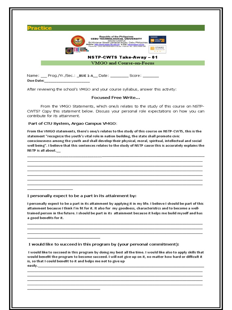 NSTP-CWTS VMGO Engagement Guide | PDF | Psychology