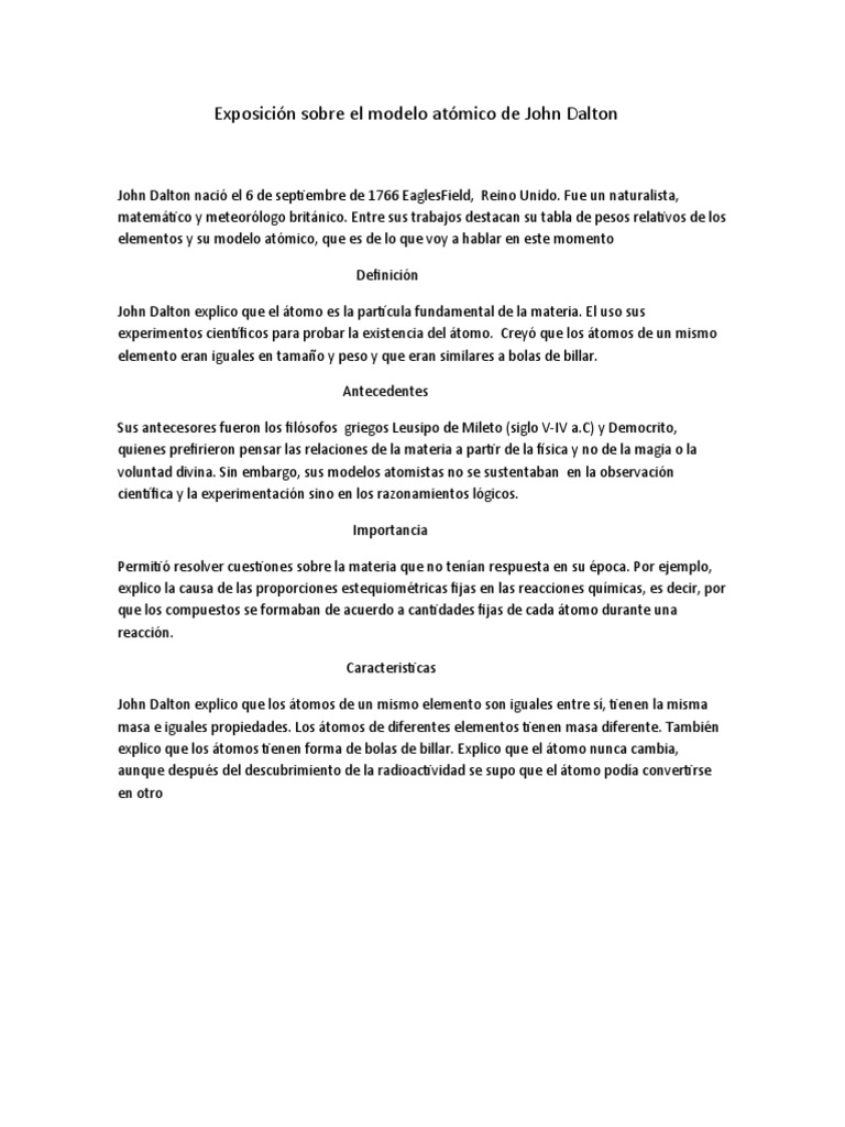 Exposición Sobre El Modelo Atómico de John Dalton | PDF | Filosofía