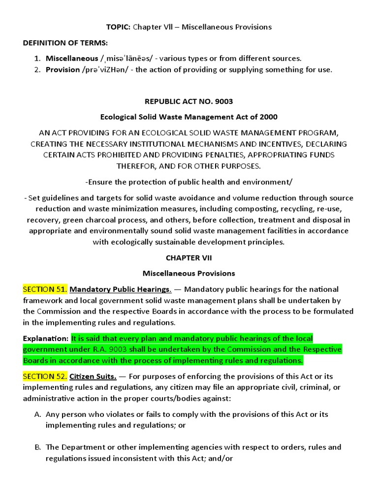 Miscellaneous Provision Report PDF Waste Management Lawsuit