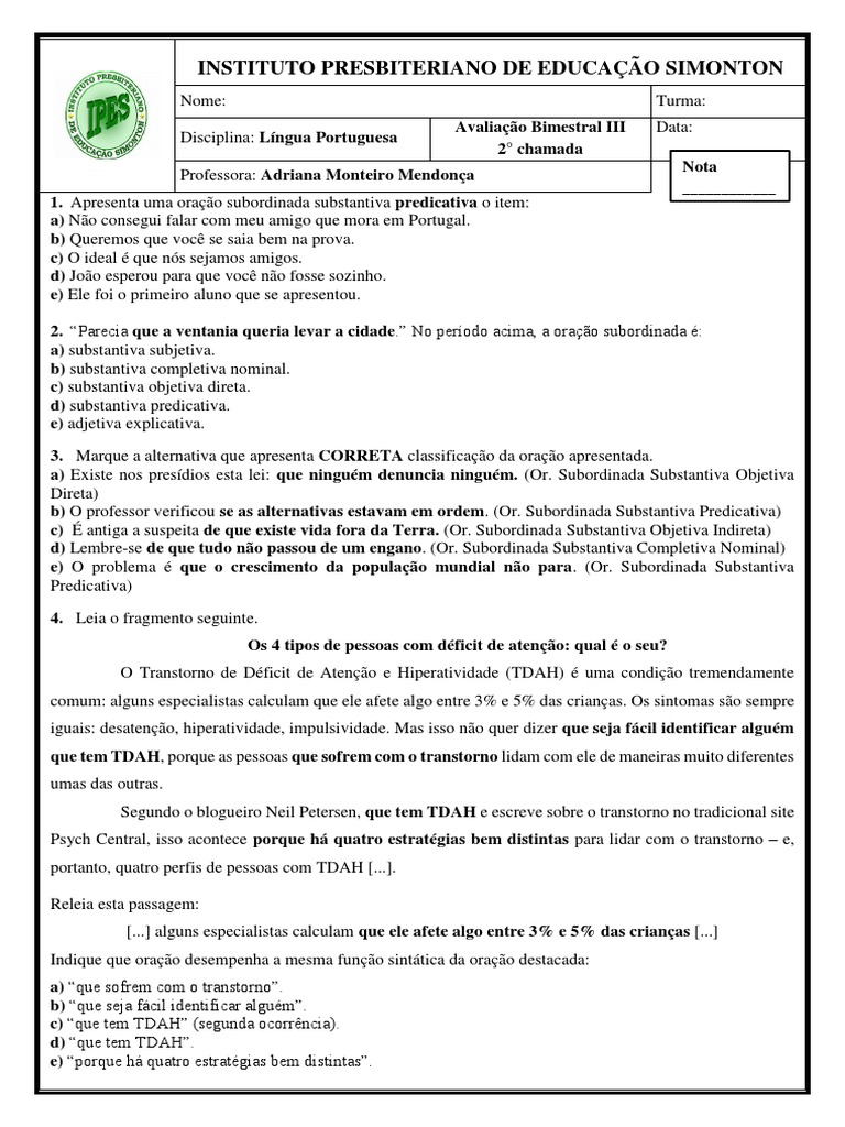 Avaliação de Língua Portuguesa 2° Ano EM | Download grátis PDF ...