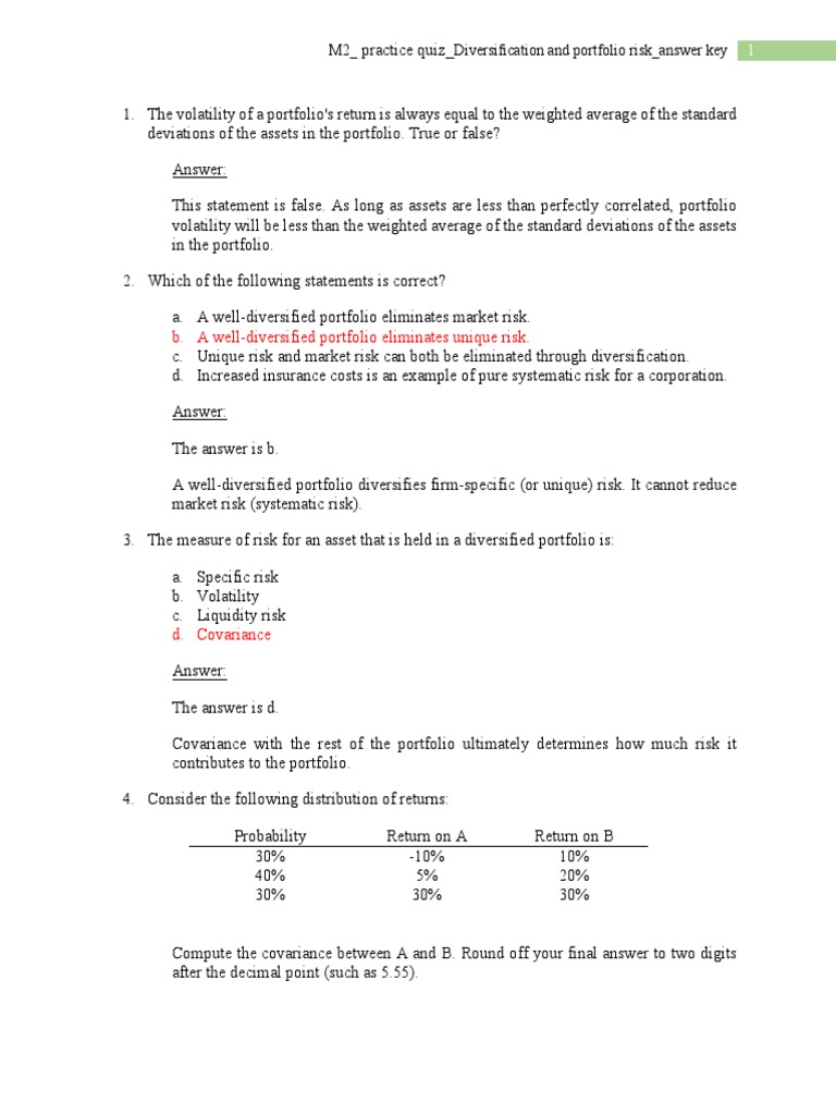 M2 Practice Quiz Diversification and Portfolio Risk Answer Key PDF