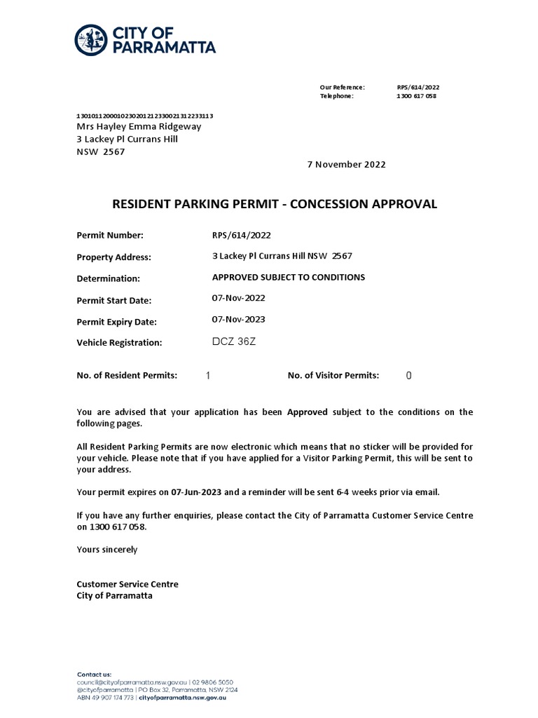 Resident Parking Permit Concession Approval Mrs Hayley Emma Ridgeway