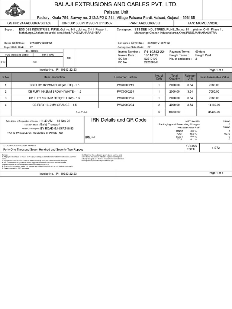 Invoice for Balaji Extrusions & Cables | PDF | Payments | Invoice