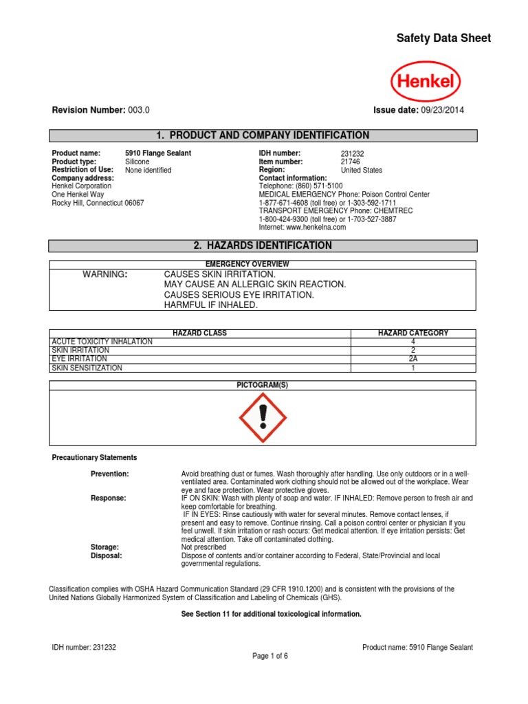 Loctite 5910 300ml MSDS PDF Formaldehyde Dangerous Goods