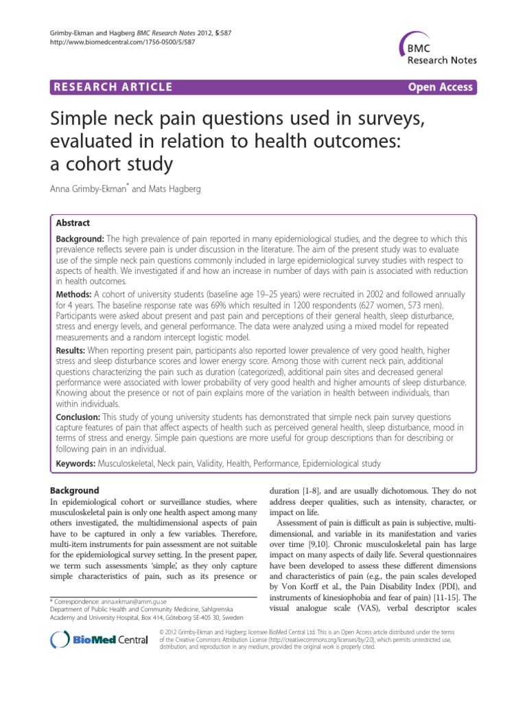 Simple Neck Pain Questions Used in Surveys, Evaluated in Relation To