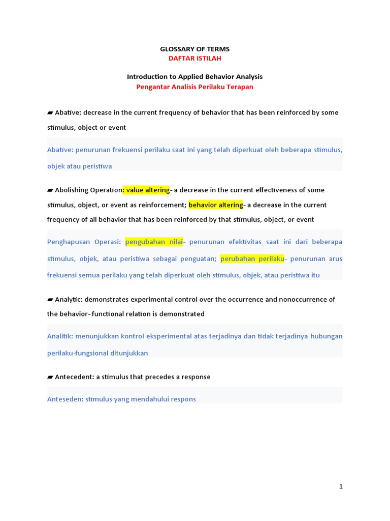 GLOSSARY OF TERMS Applied Behavior Analysis (ABA) | PDF | Karier ...