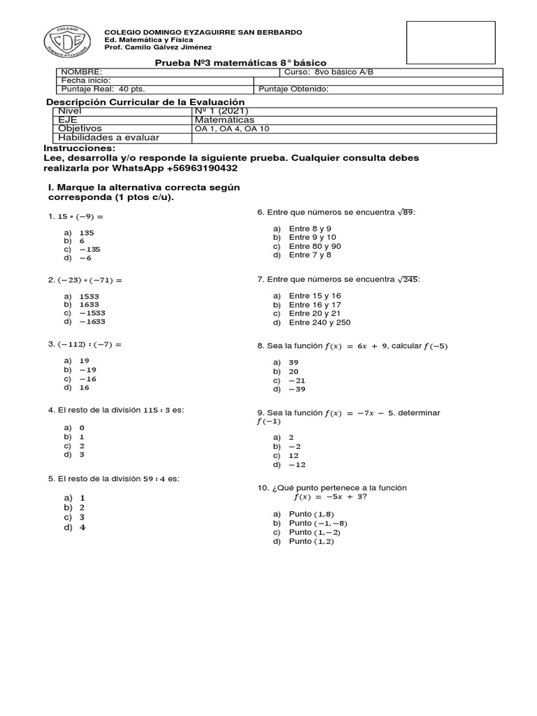 Prueba de Matemáticas 8° Básico Eyzaguirre | PDF | Matemáticas
