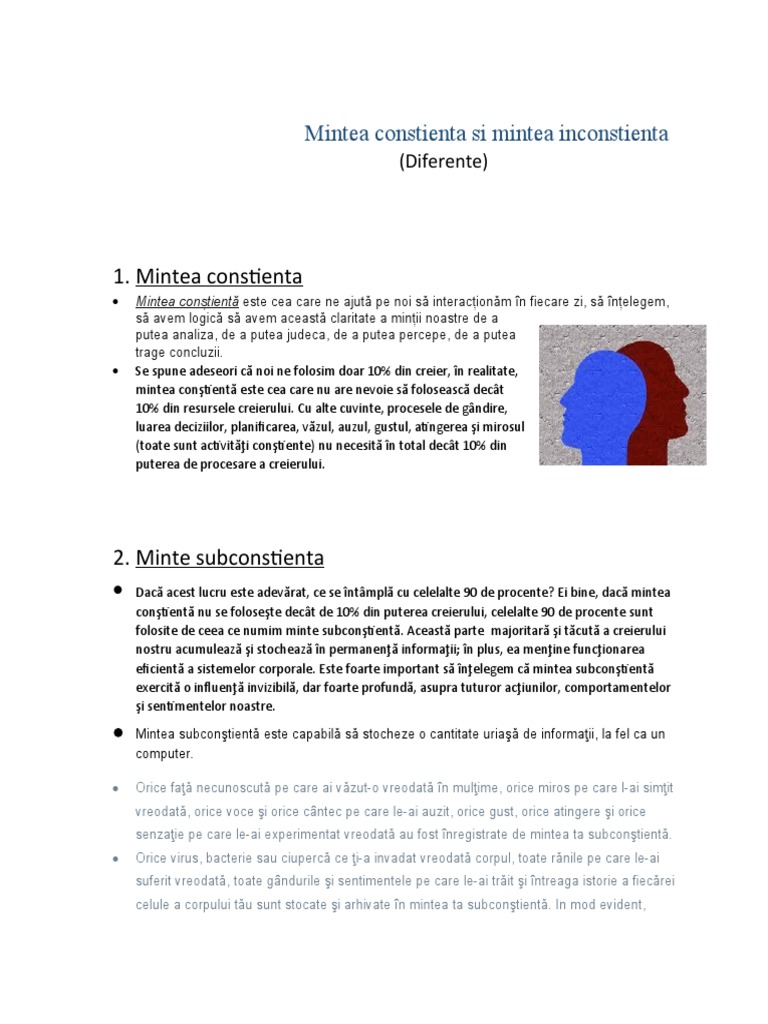 Mintea Constienta Si Mintea Inconstienta | PDF