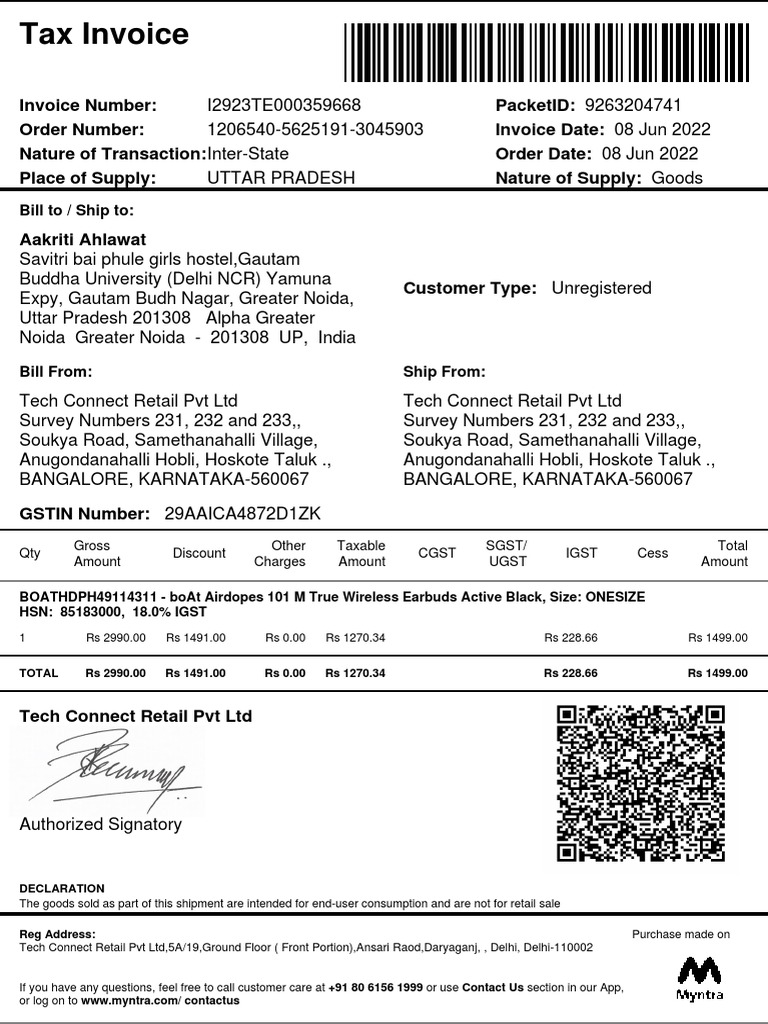 Bill To / Ship To Qty Gross Amount Discount Other Charges Taxable Amount CGST SGST/ Ugst Igst